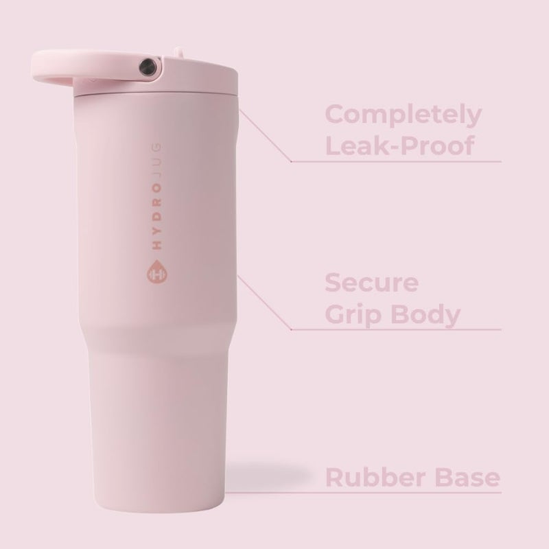 Hydro Jug زجاجة مياه رياضية - كوب من الفولاذ المقاوم للصدأ مع قشة، معزول بالفراغ، سعة 32 أونصة، زجاجة مياه مانعة للتسرب، تصميم مريح، قابلة لإعادة الاستخدام، آمنة في غسالة الصحون، قاعدة مطاطية، متينة للاستخدام في الصالة الرياضية أو في الهواء الطلق، رمال وردية - Image 1